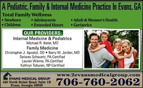 Evans medical group evans ga - University Medical Associates. Internal Medicine, Physician Assistant (PA) • 2 Providers. 465 N Belair Rd Ste 2B Bldg 3, Evans GA, 30809. Make an Appointment. (706) 774-7400. University Medical Associates is a medical group practice located in Evans, GA that specializes in Internal Medicine and Physician Assistant (PA).